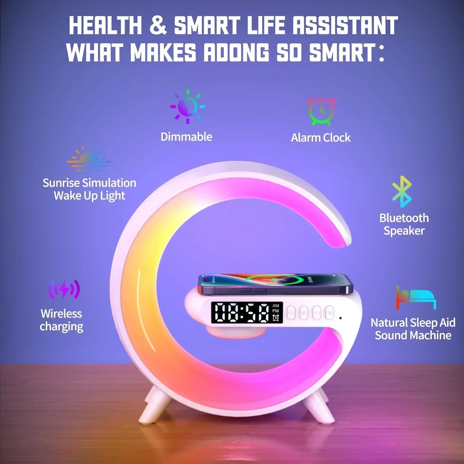 Multifunction Wireless Charger Stand Pad RGB Light with Alarm Clock